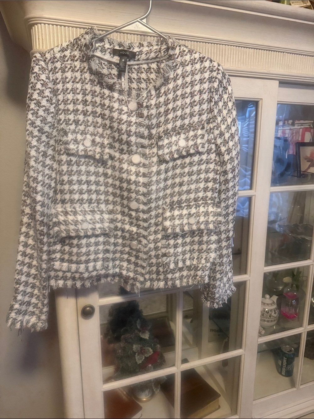 Aqua White and Gray Houndstooth Tweed Collarless Blazer